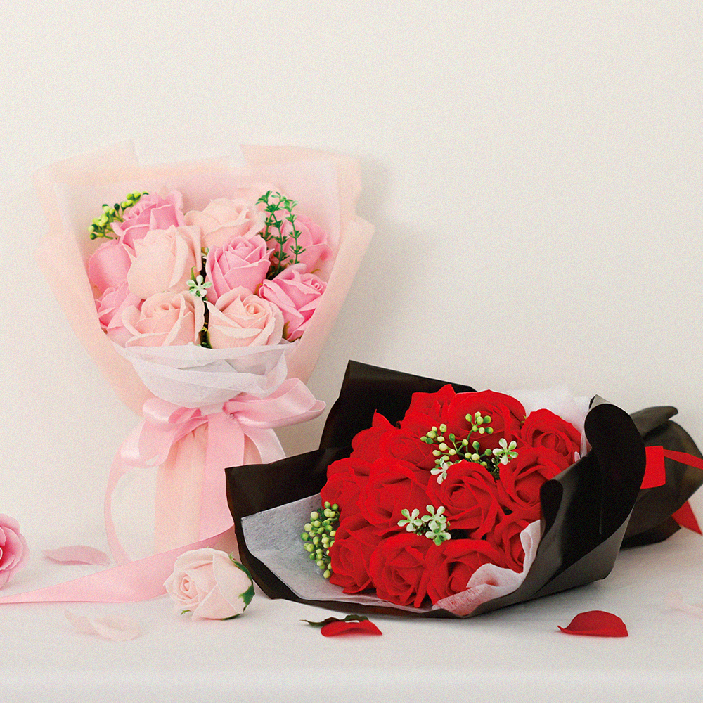 뷰카 로맨틱 블루밍 비누 꽃다발,쇼핑백 세트(핑크/레드)